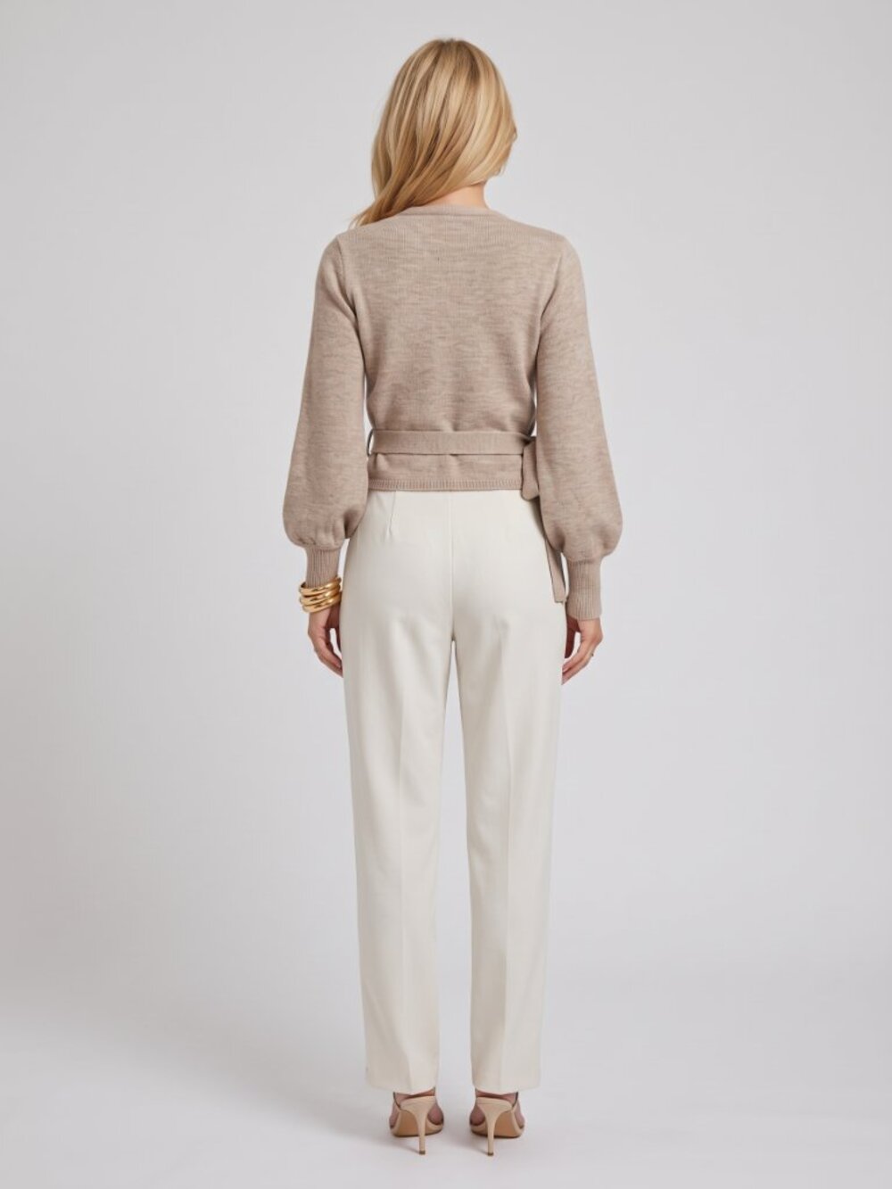 Women's Beige Wrap V-Neck Tie Waist Cardigan Gigot Sleeve Sweater - Picture 2 of 4